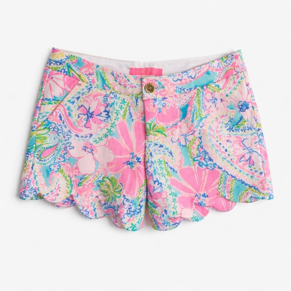 NWT Lilly Pulitzer Buttercup Scallop Shorts Flock Full of Fun Pink Blue Size 00